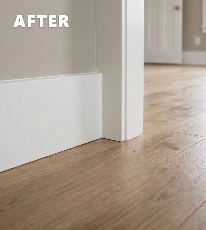 After: Pristine white semi-gloss baseboard trim