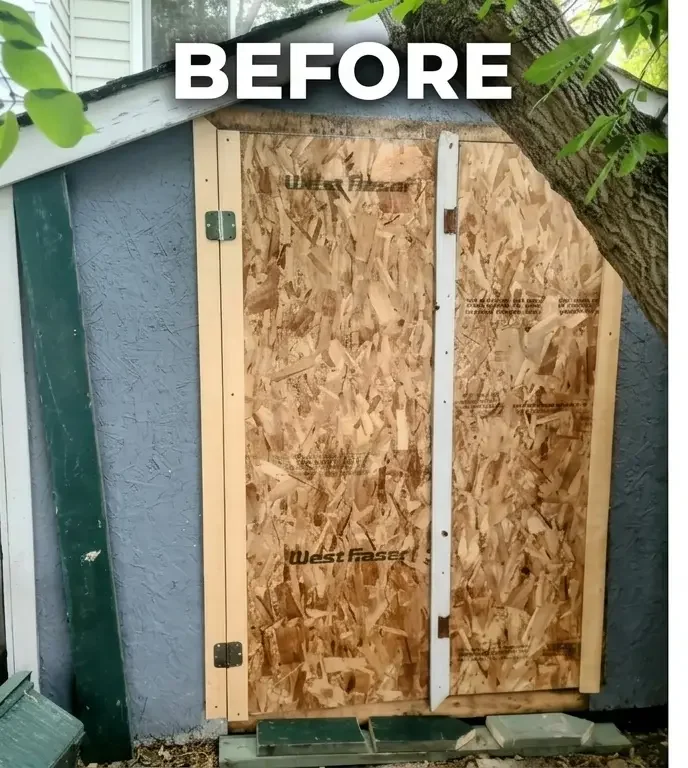 Before: Weather-beaten dirty backyard shed exterior